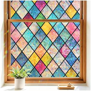 lot 14002 image: Haton Stained Glass Window Film, Rainbow Lattice Stickers, 17.5 x 78.7