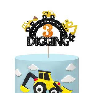 lot 14457 image: Construction 3rd Birthday Cake Topper, Excavators Three Cake Topper for Boy Birthday, Bulldozer Building Truck 3 Cake Decor, Im Digging Being 3 Party Decoration - Black Glitter