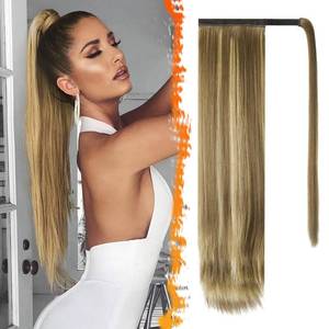 lot 14458 image: BARSDAR Medium Brown Highlight Straight Wrap Ponytail Extension - 26 Inch Long Straight Wrap Around Ponytails for Women, Synthetic Clip in Ponytails Extensions Balayage Pony Tails Hairpieces