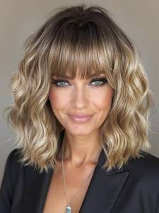 lot 14465 image: WIGER Short Bob Wavy Wig with Bangs Synthetic Mixed Blonde Curly Wigs for Middle-aged Women Daily Wear Shoulder Length Bob Curly Womens Charming Synthetic Wigs