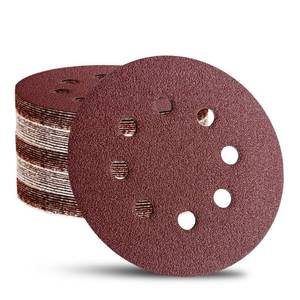 lot 14478 image: 52 Pack 5 Inch 8-Hole Hook and Loop Sanding Discs Sandpaper Red Round 60 80 120 220 320 Mixed Grits Sandpaper for Random Orbital Sander