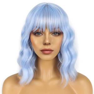 lot 14493 image: LANCAINI Short Bob Wigs with Bangs for Women Loose Wavy Wig Curly Wavy Shoulder Length Bob Synthetic Cosplay Wig for Girl Colorful Costume Wigs (Light Blue)