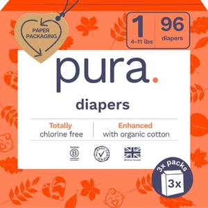 lot 19501 image: Pura Hypoallergenic Diapers, Size 1 (4-11lbs), Newborn, Totally Chlorine Free, Wetness Indicator, Suitable for Sensitive Skin, Soft Organic Cotton Comfort, Overnight, 3 Packs of 32 (96 Baby Diapers)