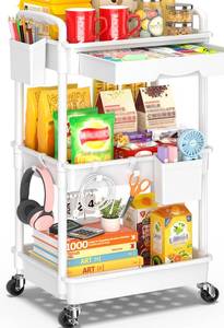 lot 19505 image: SUNALLY 3 Tier Rolling Cart with Drawer, Craft Storage Cart Organizer,White