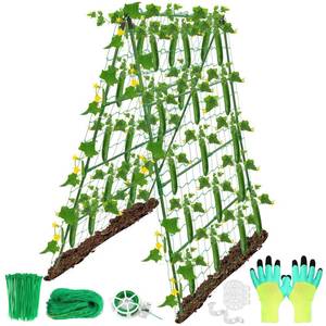 lot 19508 image: 32 x 53 Inch Cucumber Trellis for Climbing Plants Outdoor A-Frame Garden Trellis for Raised Bed Detachable Sturdy Garden Plant Support Trellis for Small Plant Vegetable Flower Grape with Climbing Net