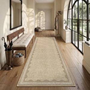 lot 19513 image: GarveeHome Scalloped 2x10 Runner Rug for Hallway Washable Kitchen Rugs Non Slip Solid Tan Jute Digital Printing Modern Soft Low-Pile Rugs for Entryway Laundry Room Floor Mats