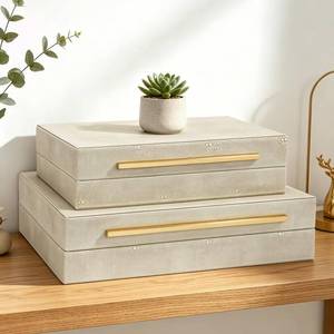 lot 19536 image: Lerivira Set of 2 Decorative Box with Lids, Faux Leather Decorative Storage Boxes Modern Beige Keepsake Box Wedding Memory Box Bins, Jewelry Photo Card Organizer Boxes for Home Decor (Beige) (Handle Broken Off Smaller Box)