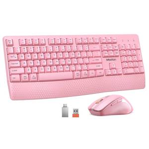 lot 19547 image: MEETION Wireless Keyboard and Mouse Combo, Full-Size with Wrist Rest, Pink