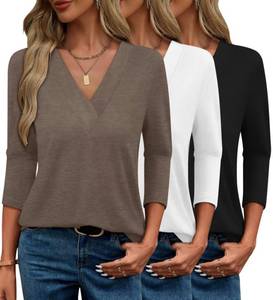 lot 20105 image: Bliwov 3 Pack 34 Sleeve Womens V Neck Tops Casual T Shirts Loose Blouses Large