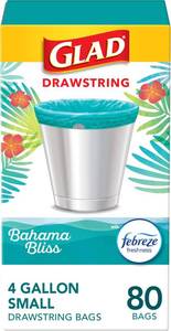 lot 20165 image: Glad Small Trash Bags, Great for Office, Bathrooms and Bedroom Bins, Bahama Bliss Scented Garbage Bags, Odor Resistant with Drawstring, Febreze Freshness, 4 Gallon Trash Bags, 80 Count