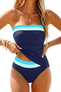 lot 20190 image: Women Strapless Tankini Tummy Control 2 Piece Swimsuit,Navy Block,S