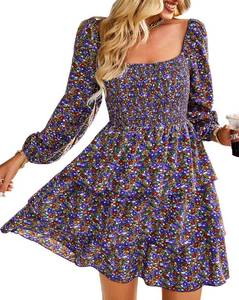lot 20191 image: BTFBM Womens Mini Smocked Wedding Guest Dress,Floral Black and White,M