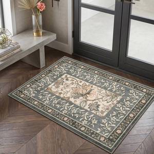 lot 20206 image: GarveeHome Grey Small Rug 2x3 Door Mat Indoor Vintage Cottage Core Farmhouse Low-Pile Stain Resistant Non-Slip Washable Rugs for Entryway Bathroom Bedroom Kitchen TPE Backing