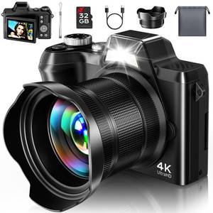 lot 20221 image: 4K Digital Camera for Photography Travel, 56MP Autofocus Vlogging Camera for YouTube, 16X Zoom with 3 180°Flip Screen & Lens Hood, 32GB Card, Gift Ideas for Teens & Beginners