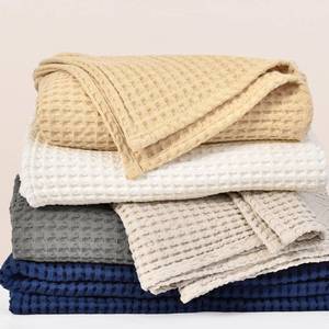 lot 1194 image: PHF 400GSM 100percent Washed Cotton Waffle Weave Blanket, Cozy Breathable Skin-Friendly Throw King Size for All Season, Luxury Fall Layer Bedspread for Couch Bed, Elegant Home Decor,Navy Blue, 104inx90in