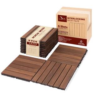 lot 1196 image: Acacia Interlocking Deck Tiles, 9 PCS Wood Flooring, 6 Slats, Walnut