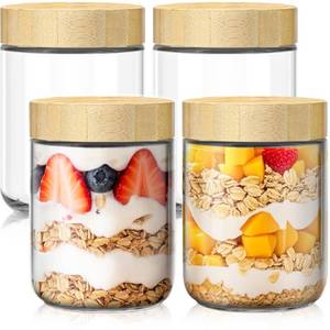 lot 1197 image: 16 oz Overnight Oats Containers with Bamboo Lids, Glass Mason Jars 4 Pack