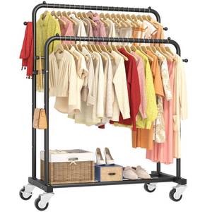 lot 1245 image: Laiensia Double Rods Garment Rack with Wheels, Clothing Rack for Hanging Clothes,4 Hooks, Multi-functional Bedroom Clothes Rack, Black