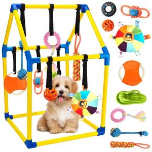 lot 1296 image: Puppy Play Gym with 9 Hanging Toys, Interactive Dog Enrichment Playground, Removable Indoor Training Activity Center for Puppies and Small Dogs, Adjustable PVC Frame, Teething and Squeaky Toys Included