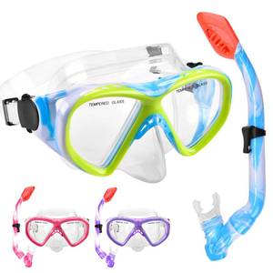 lot 2222 image: Kids Snorkel Set Dry Top Snorkeling Gear for Kids Youth Boys Girls Junior Age 5-15,Tempered Glass Swimming Diving Mask and Snorkel Set 180 Degree Panoramic View (Blue)