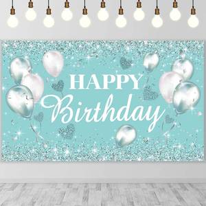 lot 2238 image: Tiamon Teal Birthday Banner Turquoise Silver Backdrop for Women Girls