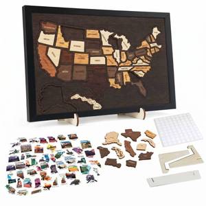 lot 2292 image: Wooden USA Travel Map Puzzle, 12x10, Puzzle United States Journey Tracker Maps with US Map Stickers, Wooden Plate Stand and Glue Dots, Rv Vacations Home Classroom Wall Art Home Decor for Couple Family