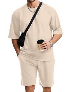 lot 2300 image: JMIERR 2 Piece Short Set for Men Raglan Sleeve Oversized Jogging T Shirts and Shorts Suit Summer Vocation Casual Outfits, Cream XL