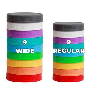 lot 2311 image: Jumterlee 9 Pack Regular Mouth Mason Jar Lids, Plastic Mason Jar Lids with Silicone Rings,Plastic Canning Lids, Fit Ball,Kerr and More (Multicolored)