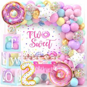 lot 3887 image: SNLN Two Sweet Birthday Party Decorations 2nd Birthday Supplies ftTWOft Boxes Donut Balloon Arch Backdrop Tablecloth Crown Foil Balloon Second 2 Year Old Birthdays Decorations for Girls