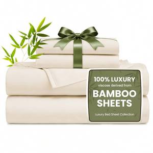lot 7377 image: Lovefts cabin 4 Piece Queen Sheet Set, 100percent Rayon Derived from Bamboo, Cooling and Breathable, Soft Silky Deep Pocket up to 16in, Hotel Luxury Bedding for Hot Sleepers, Beige