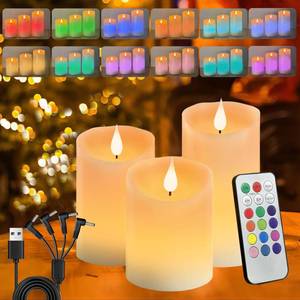 lot 7380 image: LEDHOLYT Flameless Candle RGB Set, Flickering LED Pillar Real Wax Candle with Remote Control and Timer, Upgraded Blue Flame Heart, Built-in Battery Rechargeable Flameless Candle, 1 Set of 3