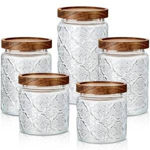 lot 7383 image: Gerrii 5 Pcs Glass Jar with Wood Lid Food Storage,Clear,Begonia Round