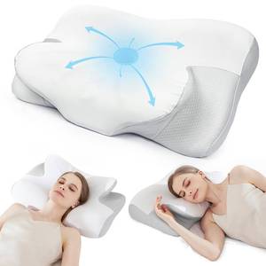 lot 7400 image: Cervical Neck Pillow for Sleeping - Cooling Ergonomic Memory Foam Pillow for Neck Pain Relief, Soft and Stretchy, Relieves Shoulder Pressure, Side Sleepers, Cooling and Breathable Ice Silk Pillowcase