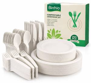 lot 7414 image: 250 Piece Biodegradable Paper Plates Set (EXTRA LONG UTENSILS), Disposable Dinnerware Set, Eco Friendly Compostable Plates and Utensil include Plates, Forks, Knives and Spoons for Party