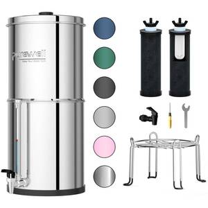 lot 7416 image: Purewell 3-Stage 0.01m Ultra-Filtration Gravity Water Filter System, 304 Stainless Steel Countertop System with 2 Filters, Metal Water Level Spigot and Stand, Reduce 99percent Chlorine, 2.25G, PW-OB-K