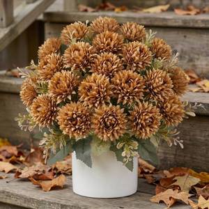 lot 8155 image: Carfoeny 4 Pcs Artificial Mums for Outdoors, Fall Faux Mums for Outdoor Planters, Caramel Brown Warm Taupe Real Touch Chrysanthemum Ball Fake Flowers for Farmhouse Front Porch Decor, 24 Flower Heads