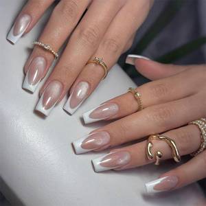 lot 8201 image: Medium Press on Nails Square Fake Nails White Nails White French Tip False Nails Press ons with Design Glossy Acrylic Full Cover Reusable Stick on Nail for Women Manicure 24Pcs