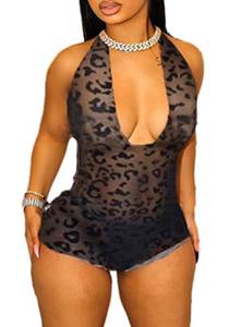 lot 8256 image: ROUMIFIQ Womens Leopard Print Romper Halter V Neck Bodycon Short Jumpsuit - Size Large