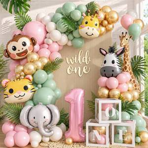 lot 8308 image: SNLN Wild One Birthday Decorations Jungle Theme 1st First Birthday Decorations Girl Huge Jungle Safari Animal Foil Balloons Pink Sage Green Balloon Arch Number 1 Balloon Leaves Boxes Wild One Decor