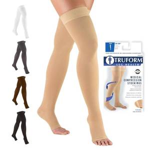 lot 8335 image: Truform 20-30 mmHg Compression Stockings for Men and Women, Thigh High Length, Dot-Top, Open Toe, Beige, Large