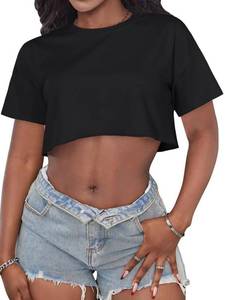lot 8346 image: Crop Tops for Women Casual Short Sleeve T Shirts Summer Basic Top Crew Neck Oversized Cropped Tees(Black, M)