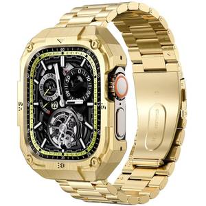 lot 8404 image: Formal Stainless Steel Watch Case with Band Compatible with Apple Watch Series 11 10 46mm Band for Men,Metal Protective Bumper Cover iwatch Band with Strap,Gold