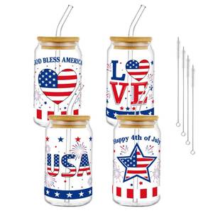 lot 11864 image: Culudea Patriotic Glass Cups with Lids and Straws, 16oz, 4-Piece