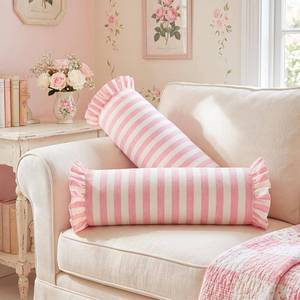 lot 11865 image: CrystalSylara Bolster Pillows Pink Striped Ruffle 6 x 22 2-Pack