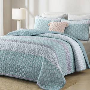 lot 11873 image: Cottolester Queen Boho Quilt Teal Striped Bedding Set