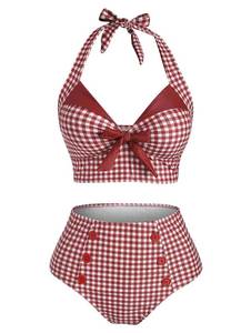 lot 12042 image: DRESSFO 2-Piece Halter Bikini Set Plaid Retro Swimsuit L