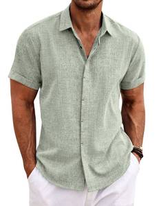 lot 12066 image: COOFANDY Mens Linen Button-Up Shirt Short Sleeve Light Green Small