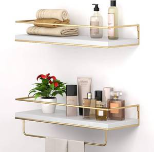 lot 13306 image: Shario White Floating Shelves - Set of 2, Wall Mounted Hanging Shelves with Golden Towel Rack, Decorative Storage Shelves for Bathroom, Kitchen, Living Room and Bedroom (White Gold, 15.7 Inches)