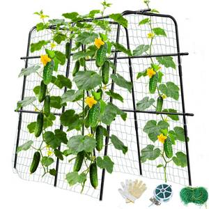 lot 13339 image: Cucumber Trellis for Raised Bed and Garden, 47in H x 47in W U-Shaped Metal Garden Trellis for Climbing Plants with Nylon Netting, Vegetable Support Frame