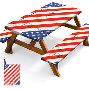 lot 13349 image: 6FT Picnic Table Cover with Bench Covers, 72inx30in Vintage American Flag Patriotic Tablecloth, Waterproof Windproof and Scratch-Resistant Reusable Fitted Camping Tablecloth for Indoor Outdoor Patio Use